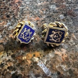Vintage Butler Fifth Avenue Blue Heraldic Shield Screw-Back Earrings